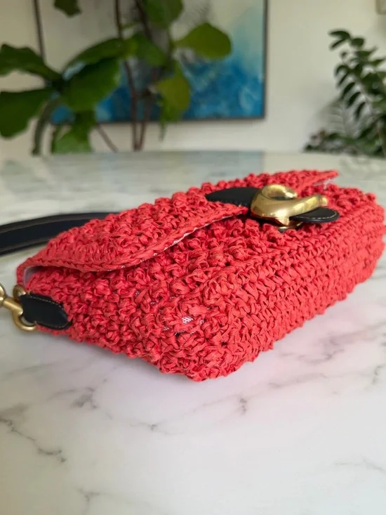 Coach Straw Soft Tabby Shoulder Crossbody Bag Red Orange Black Brass Woven CA032 - Picture 7 of 16